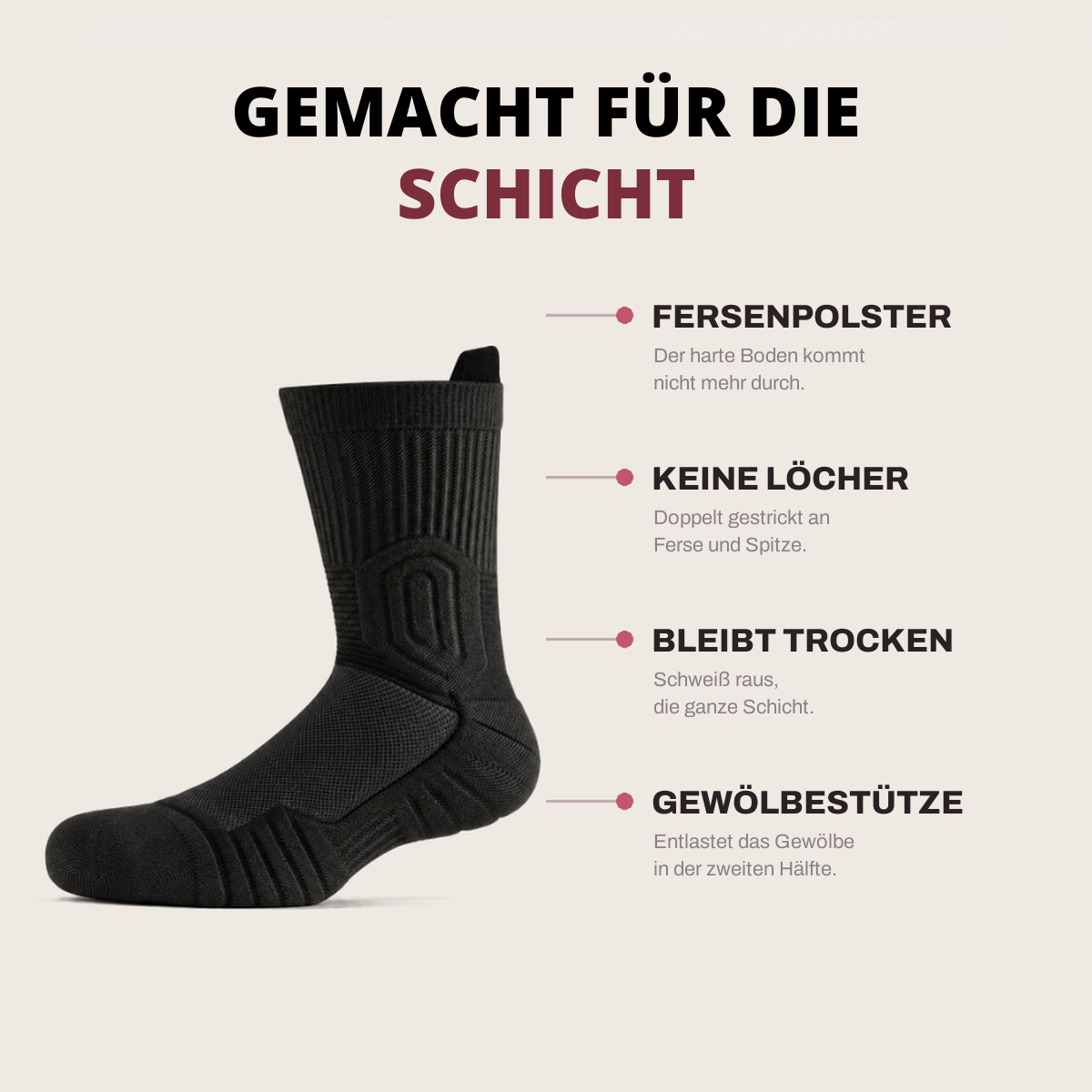 Gemacht für die Schicht: Fersenpolster, keine Löcher, bleibt trocken, Gewölbestütze