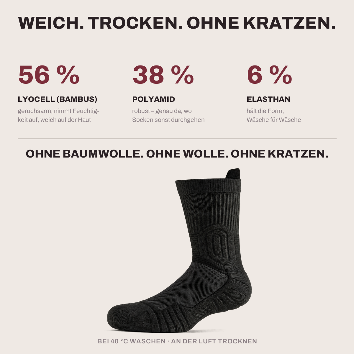 Material: Lyocell, Polyamid, Elasthan – ohne Baumwolle, ohne Wolle
