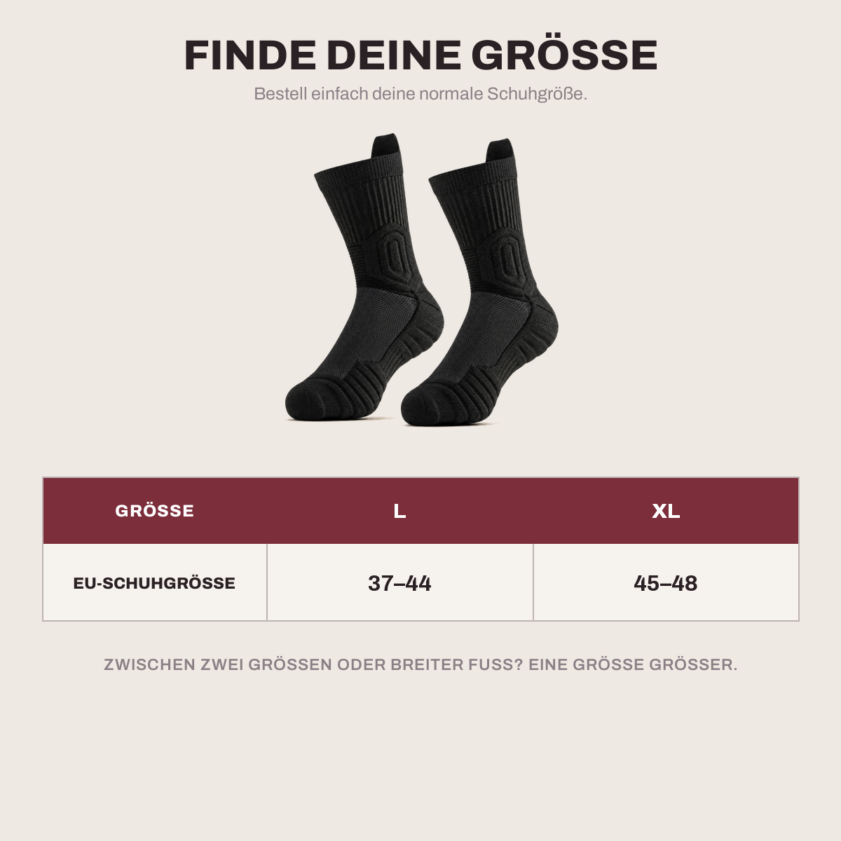 Größentabelle: L 37–44, XL 45–48