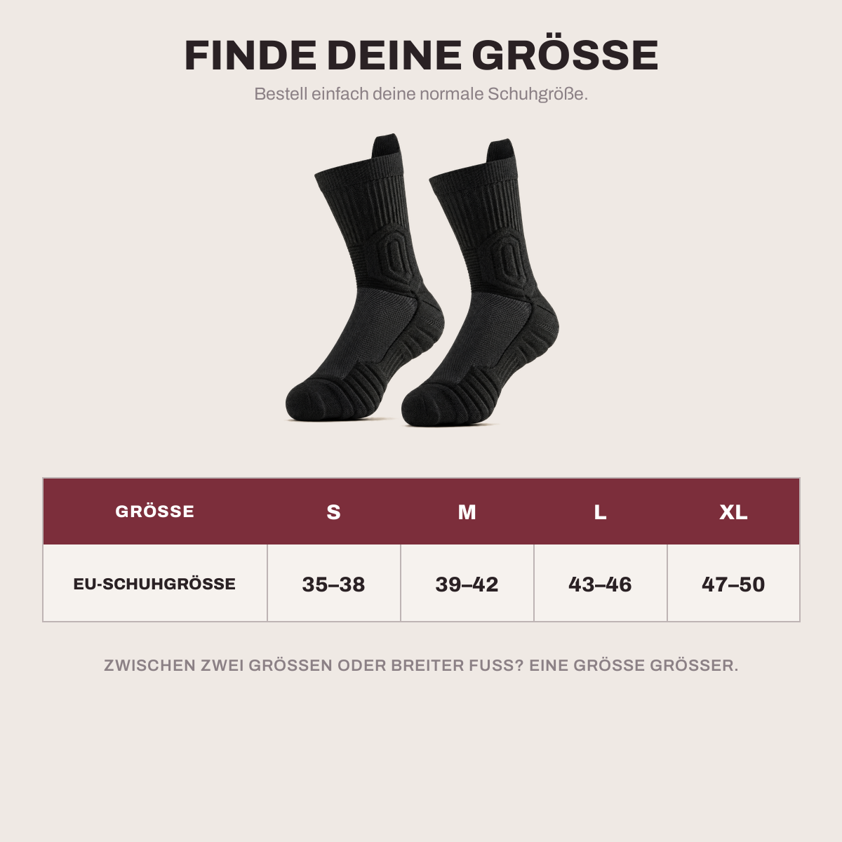 Größentabelle: S 35–38, M 39–42, L 43–46, XL 47–50