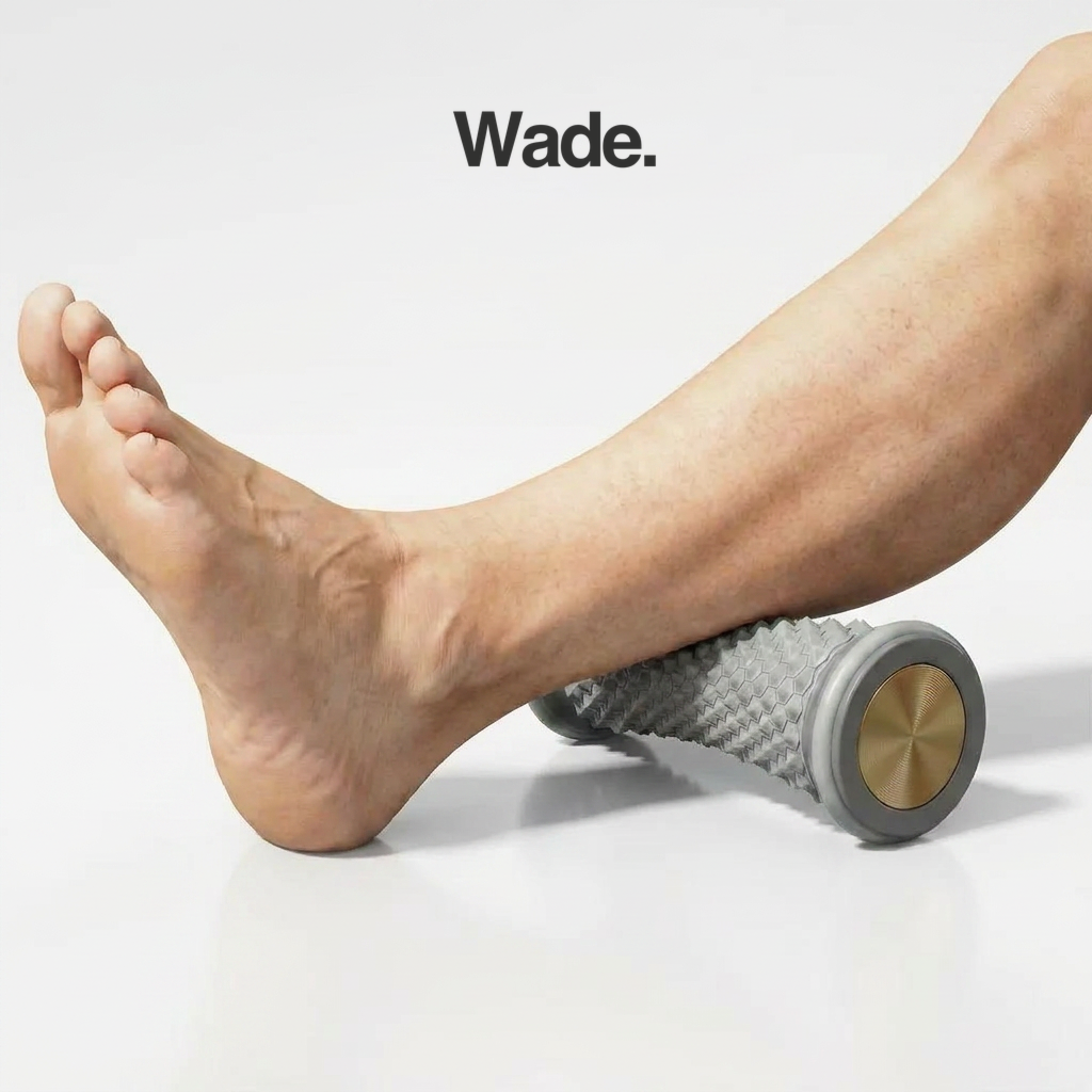 Untere Wade auf dem Fußroller, Bein ausgestreckt, barfuß
